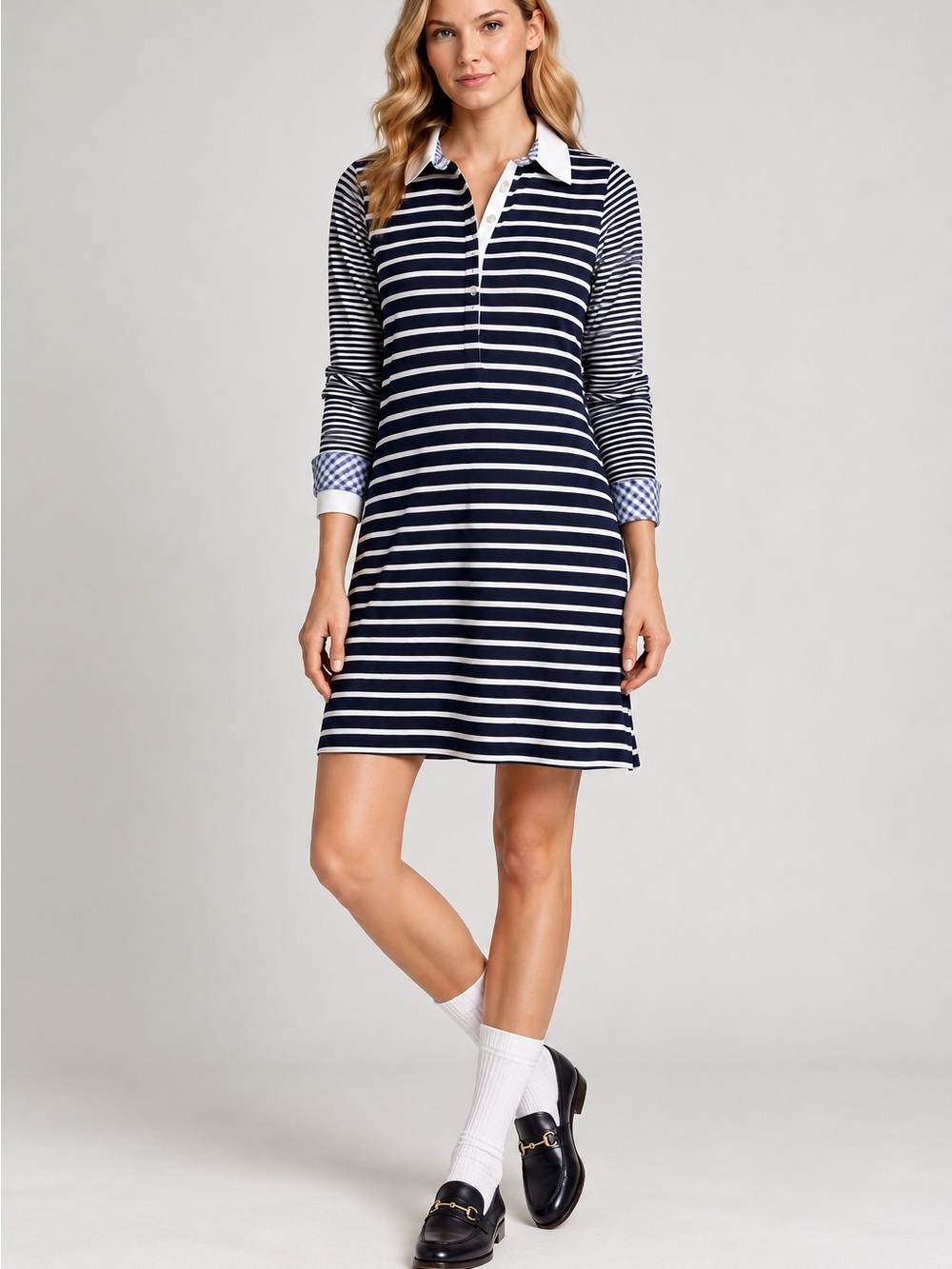 Aquascutum London Navy Stripe Polo Dress Gingham Cuffs Preppy Size M
